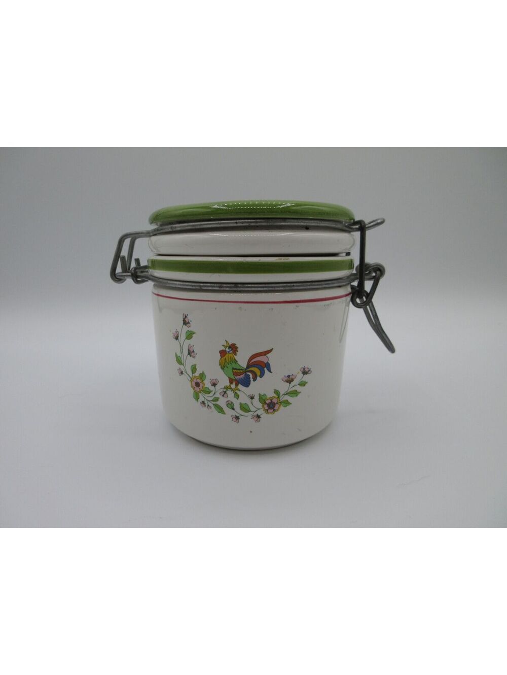 10. Vintage Rooster Floral Ceramic Clamp Lid Canister